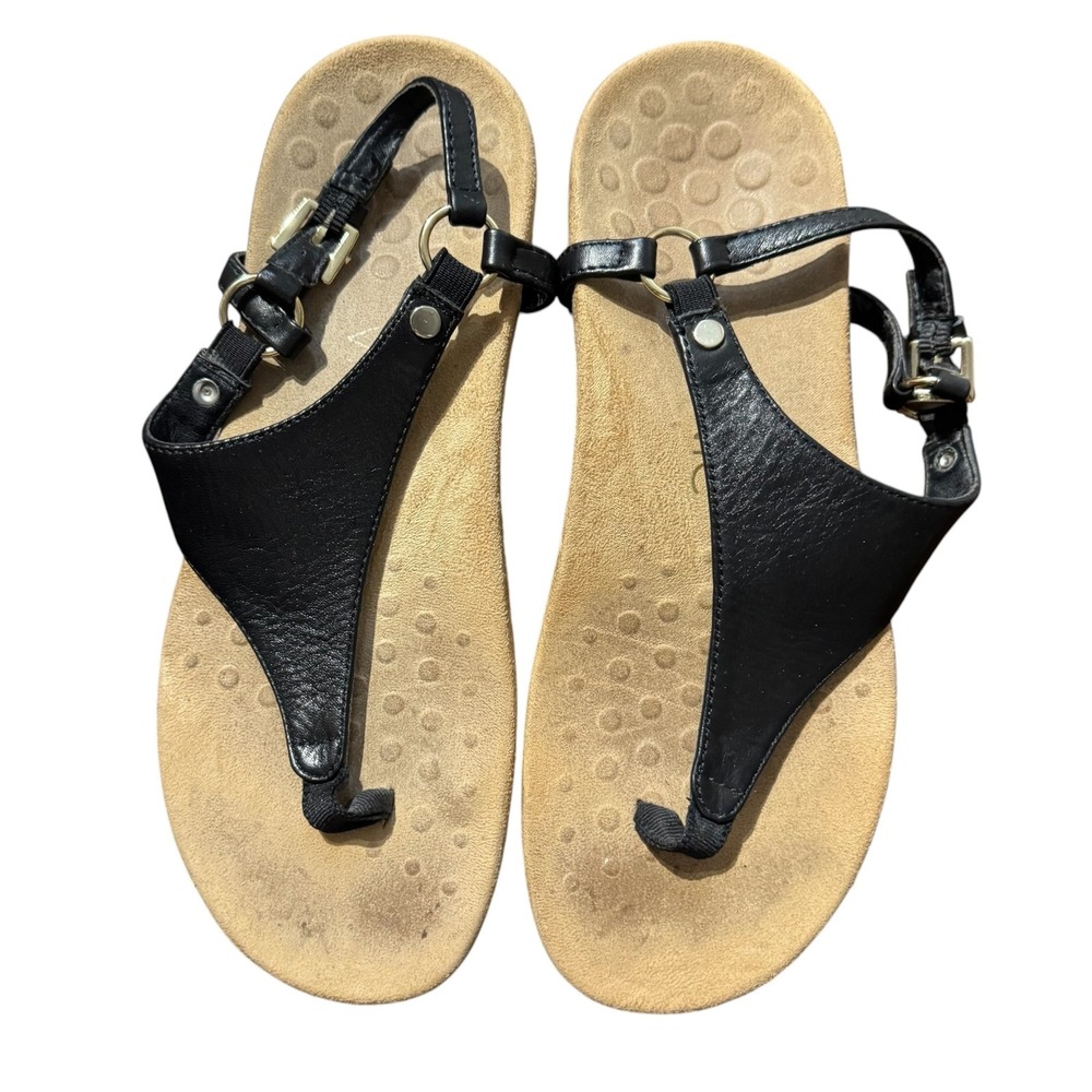 Vionic Kirra Black Leather Thong Sandals Womens 8 Ankle Strap TVW5126